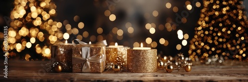 A wide-format Christmas-themed background image with candles arranged around a present, offering room for customization to create a warm and festive atmosphere. Photorealistic illustration