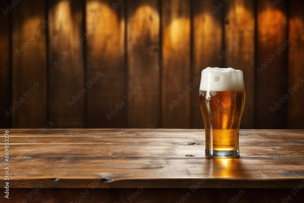 Glass of beer sitting on top of wooden table. Perfect for showing refreshing and relaxing atmosphere of bar or pub.