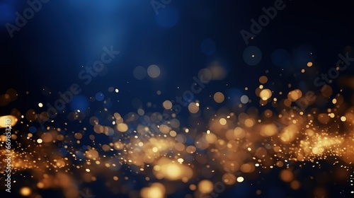 Abstract background with Dark blue and gold particle. Christmas Golden light shine particles bokeh on navy blue background. Gold foil texture