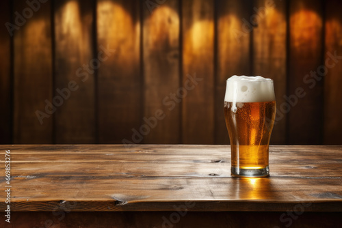 Glass of beer sitting on top of wooden table. Perfect for showing refreshing and relaxing atmosphere of bar or pub.