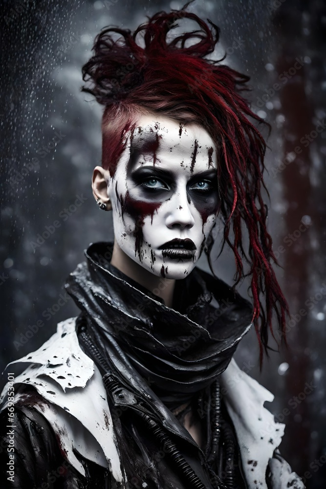 a halloween post-apocalyptic woman with a white painted face with black painted eyes and lips. a halloween post-apocalyptic woman with a white painted face with black painted eyes and lips.