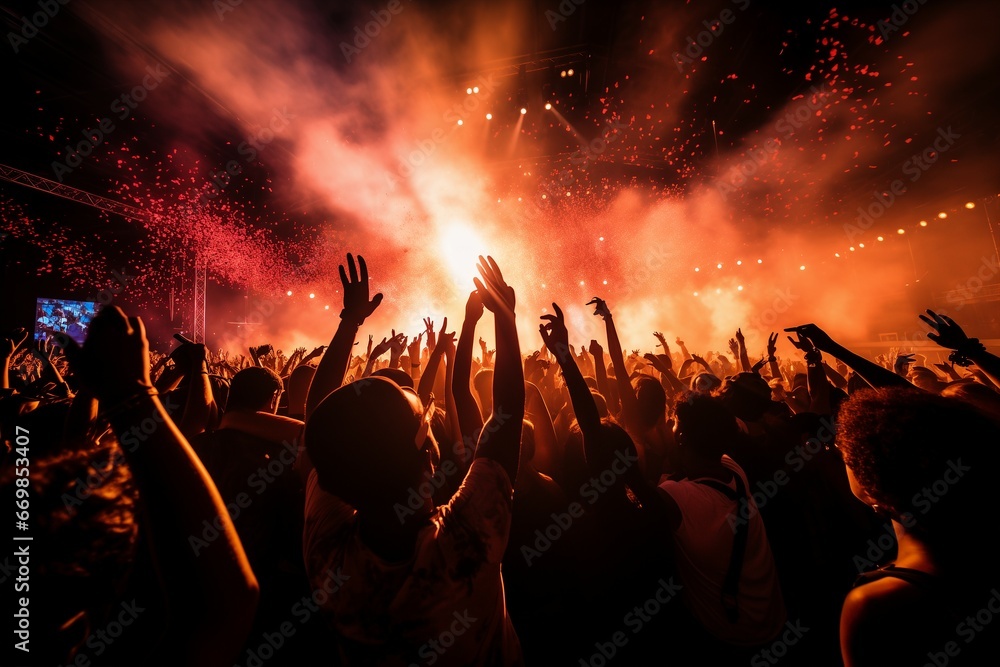 A crowd of people at a concert with their hands in the air