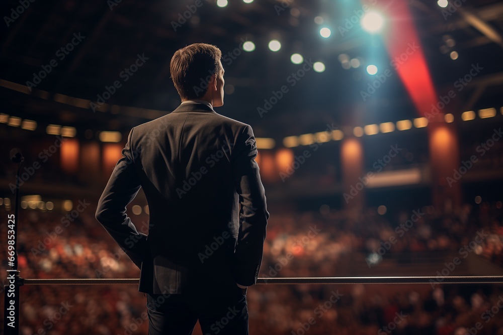 A motivational speaker in a suit standing in front of a crowd A motivational speaker in a suit standing in front of a crowd