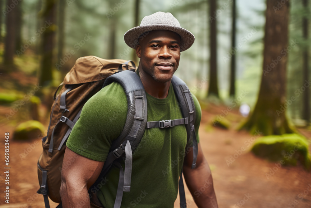 Man wearing hat and backpack in woods. Perfect for outdoor adventure or hiking themes.