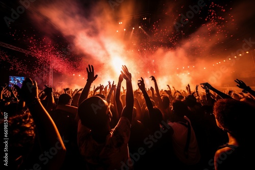 A crowd of people at a concert with their hands in the air