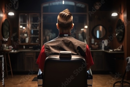Back view male client sitting in barbershop chair with fresh haircut in front of mirror