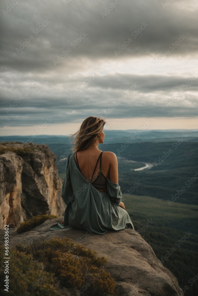 Back view of a woman sitting alone at the big mountains.