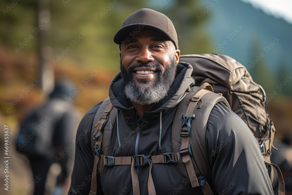 Man with beard is pictured wearing backpack. This image can be used to illustrate adventure, travel, or outdoor activities.