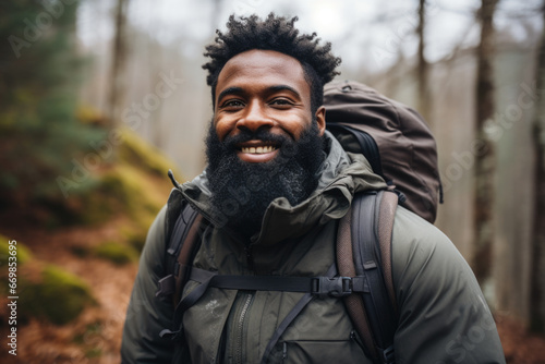 Man with beard wearing backpack. This versatile image can be used to depict travel, adventure, outdoor activities, or rugged lifestyle.