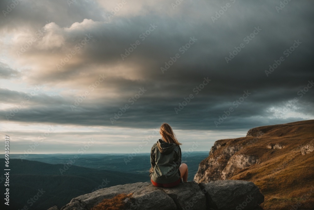 Back view of a woman sitting alone at the big mountains.