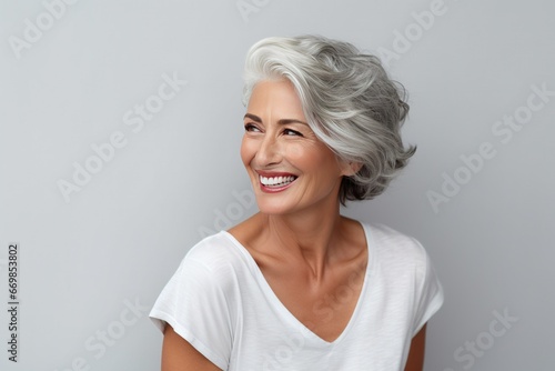 Beautiful gorgeous 50s mid age beautiful elderly senior model woman with grey hair laughing and smiling. Mature old lady close up portrait. Healthy face skin care beauty