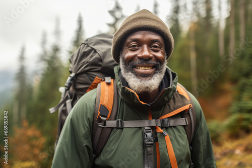 Man wearing backpack on his back. Suitable for travel and adventure themes.