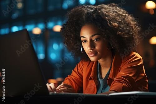 Woman is pictured sitting in front of laptop computer. This image can be used to depict variety of concepts related to technology, work, education, or communication.