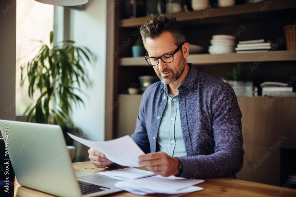 Smiling elegant businessman holding documents and looking at camera while working from home. Freelancer working from home sitting at desk with laptop. Self employed business person working from home. Smiling elegant businessman holding documents and looking at camera while working from home. Freelancer working from home sitting at desk with laptop. Self employed business person working from home.