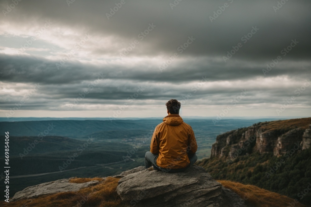 Back view of a man sitting alone at the big mountains. Back view of a man sitting alone at the big mountains.