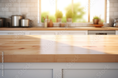 Wooden counter top in kitchen next to window. Perfect for showcasing cozy and bright kitchen space.