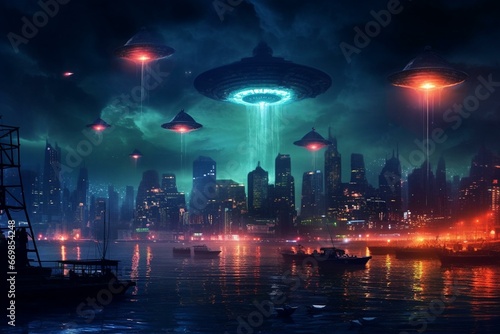 Invasion of night city by unidentified flying objects. Generative AI