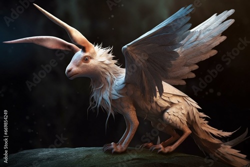 a rabbit-like creature with bird-like wings and beak. Generative AI