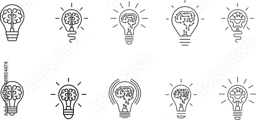 Innovation icon set. Light bulb with cog or brain inside. Inspiration icon, idea, innovation sign, symbol or logo. Vector illustration