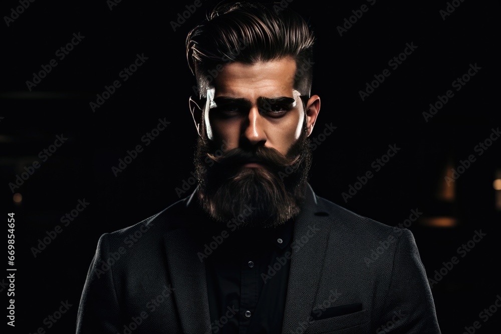 Portrait of a young man with a beautiful, thick beard. Hipster style