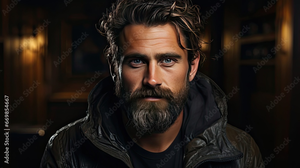 Close-up face of young bearded man on dark background. Man face portrait illustration. Generative AI Close-up face of young bearded man on dark background. Man face portrait illustration. Generative AI