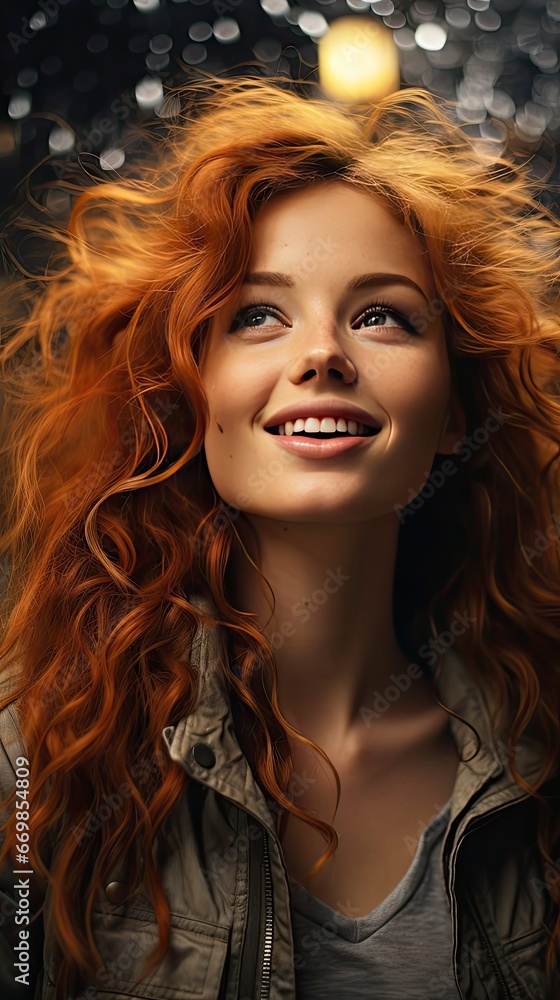 Portrait of beautiful cheerful redhead girl with flying curly hair smiling laughing looking at camera over background. Smile emotion illustration. Generative AI
