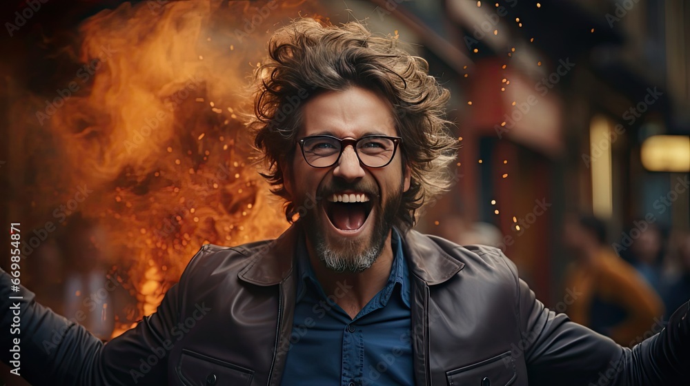Young handsome man with beard wearing casual sweater and glasses over background very happy and excited doing winner gesture with arms raised. Man portrait illustration. Generative AI Young handsome man with beard wearing casual sweater and glasses over background very happy and excited doing winner gesture with arms raised. Man portrait illustration. Generative AI