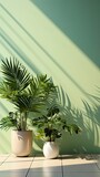 Light shadows of tropical palm leaves on concrete wall background. Soft abstract backdrop. Background with shadow. Generative AI