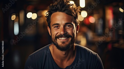 Close up portrait of smiling handsome man in white t-shirt on background. Man face portrait illustration. Generative AI
