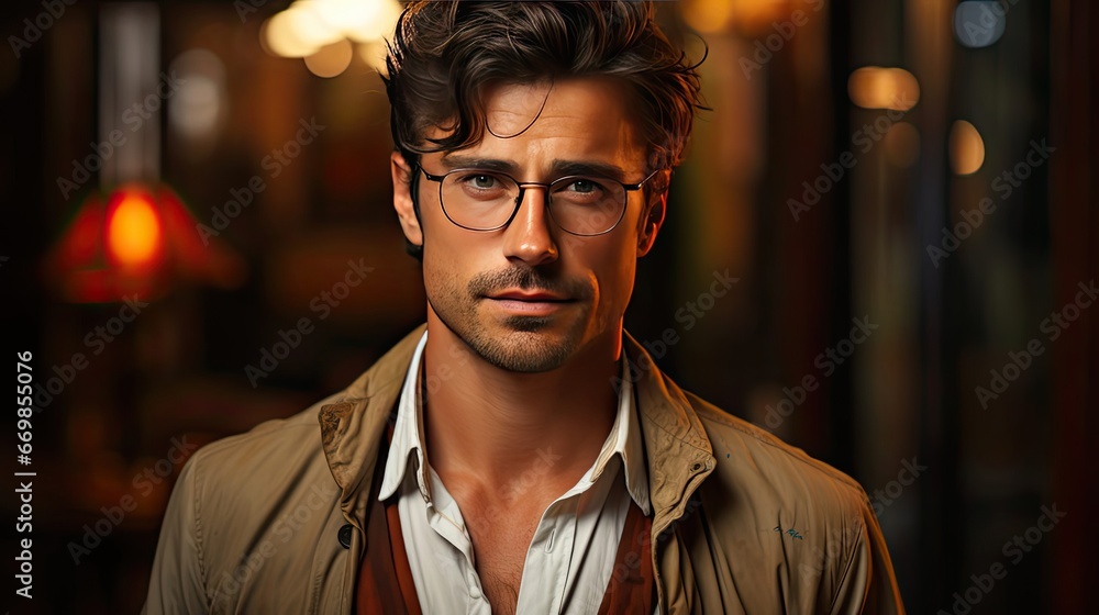 Handsome man in spectacles, portrait. Model portrait illustration. Generative AI Handsome man in spectacles, portrait. Model portrait illustration. Generative AI