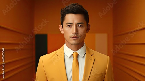 Portrait of sad asian bankrupt showing his empty wallet and looking at camera. Upset crying male model standing over orange studio background wall. Sad emotion illustration. Generative AI