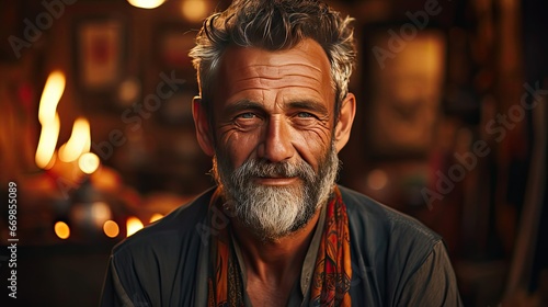 Portrait of a happy middle aged man of Indian ethnicity. Man face portrait illustration. Generative AI © tanyastock