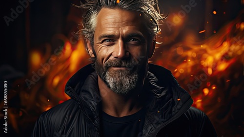 Portrait of smiling mature man standing on background. Model portrait illustration. Generative AI