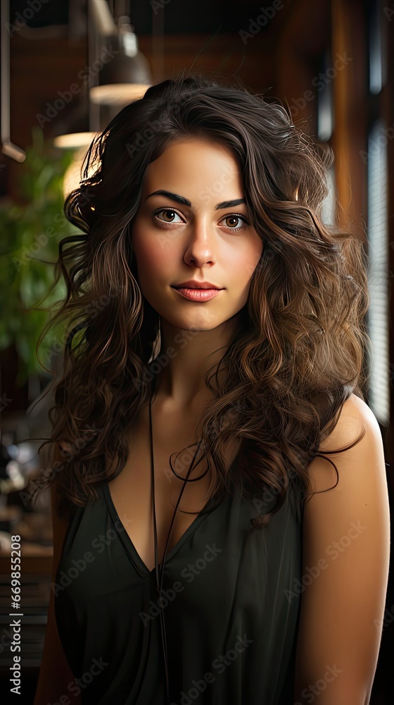 Fototapeta premium Head shot portrait smart confident smiling millennial woman standing with folded arms at home. Attractive young teenager student girl freelancer looking at camera. Generative AI art