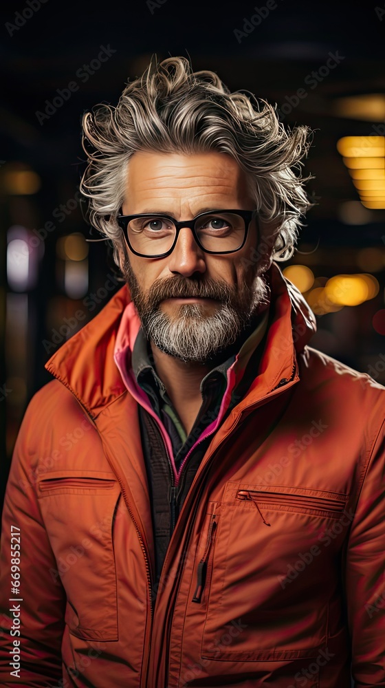 Obraz premium Middle-aged guy with trendy eyeglasses. Man portrait illustration. Generative AI