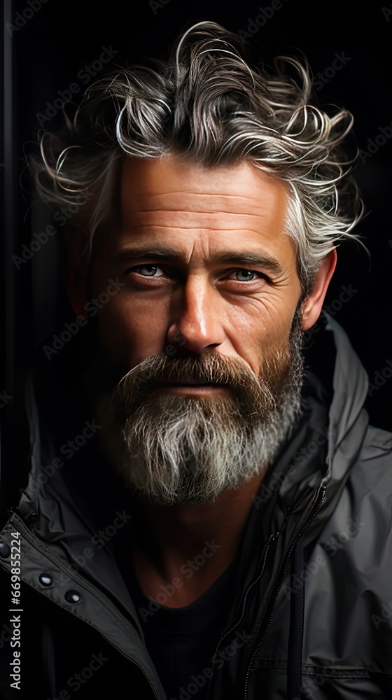 Fototapeta premium Mature man looking through the window. Man face portrait illustration. Generative AI