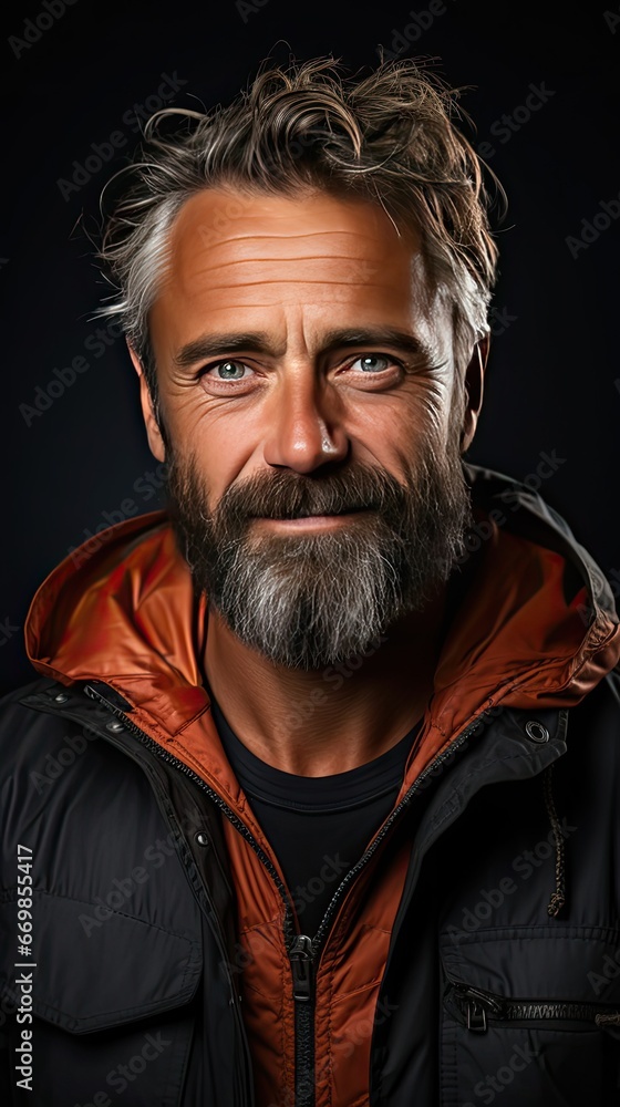 Smiling mature man standing over background. Looking camera. Man face portrait illustration. Generative AI Smiling mature man standing over background. Looking camera. Man face portrait illustration. Generative AI