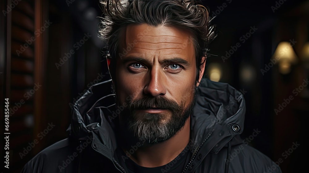 Isolated shot of young handsome male with beard, mustache and trendy hairdo, wears casual grey sweater, has serious expression as listens to interlocutor. Man portrait illustration. Generative AI Isolated shot of young handsome male with beard, mustache and trendy hairdo, wears casual grey sweater, has serious expression as listens to interlocutor. Man portrait illustration. Generative AI