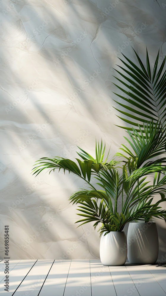 Fototapeta premium White gray grunge cement texture wall leaf plant shadow background.Summer tropical travel beach with minimal concept. Flat lay palm nature. Background with shadow. Generative AI