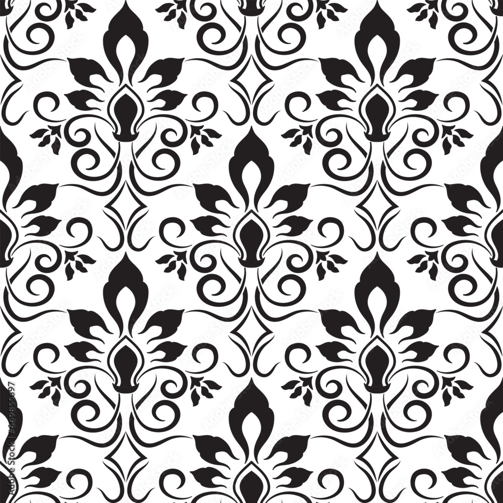 Vector damask seamless pattern background. Black and white damask wallpaper