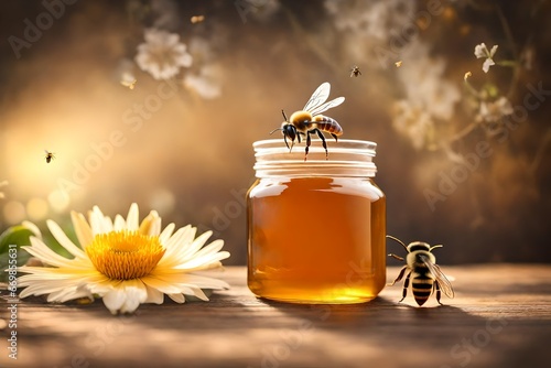 Delicious fresh honey in a glass jar and flowers .