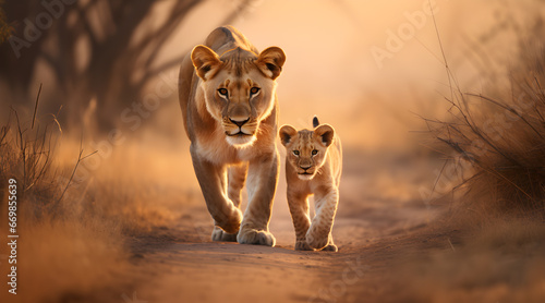 Heartwarming capture of a lioness and her cub walking side by side, showcased in golden light, showcasing their intimate bond amidst the vastness of the African savannah. © Jan
