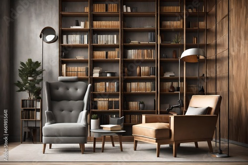 Bookcase with armchair in modern interior of room © Malaika