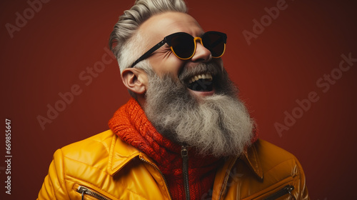 Photo of retired old man open mouth shiny smile excited isolated color background