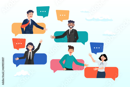 Business people coworker having conversation on speech bubble, conversation or business discussion, meeting, talk or chat together, group talk or communication dialog, message or speaking (Vector)