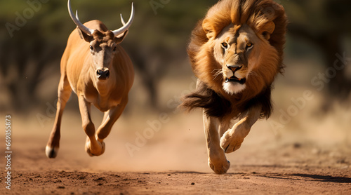 Photo Intense moment captured in the African savannah as a lion, in full sprint, relentlessly chases a gazelle, epitomizing nature's raw game of survival and speed
