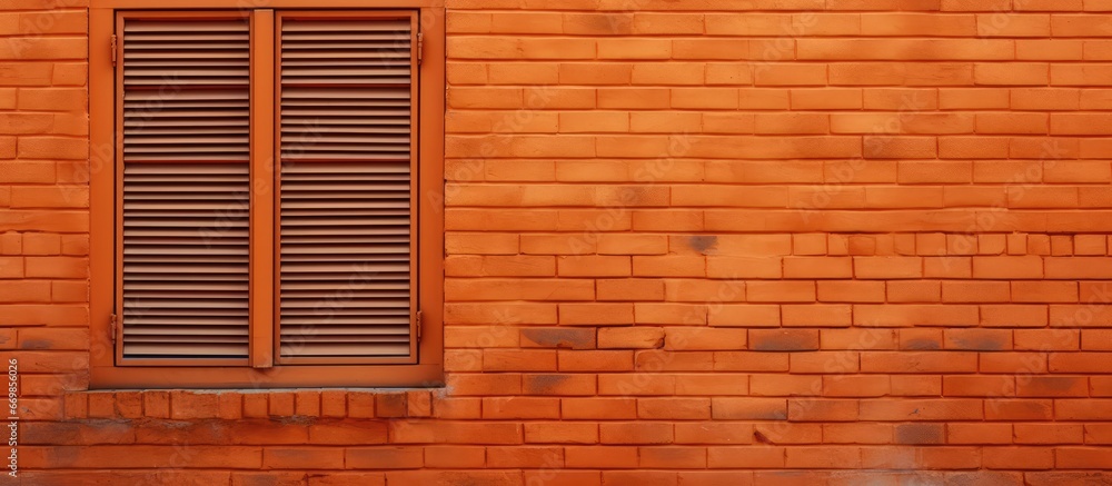 Wooden shutters on an orange brick wall with a window