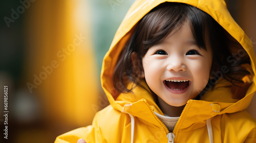 Portrait, studio and happy child pointing hand at space with a smile on face on yellow background. Young girl kid with happiness, carefree and positive attitude to show product placement mockup deal