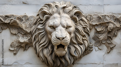 Stunning close-up of a detailed stone lion sculpture, showcasing its regal mane and powerful expression. photo