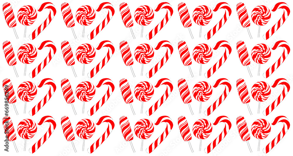 A pattern of lollipops on a stick of different shapes on a white background. Rectangular, round and hook-shaped. Popsicles in a red and white stripe. Form a repeating group of three candies. A pattern of lollipops on a stick of different shapes on a white background. Rectangular, round and hook-shaped. Popsicles in a red and white stripe. Form a repeating group of three candies.